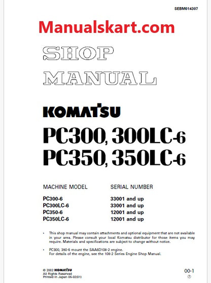 Komatsu PC300-6, PC300LC-6 Hydraulic Excavator Pdf Shop Repair Service Manual Sn 33001 and UP