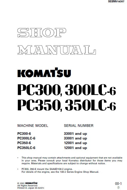 Komatsu PC300-6, PC300LC-6, PC350-6, PC350LC-6 Hydraulic Excavator Pdf Shop Repair Service Manual