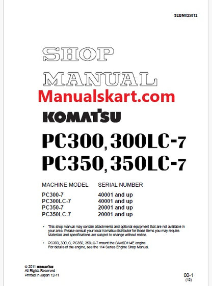 Komatsu PC350-7, PC350LC-7 Hydraulic Excavator Pdf Shop Repair Service Manual Sn 20001 and UP