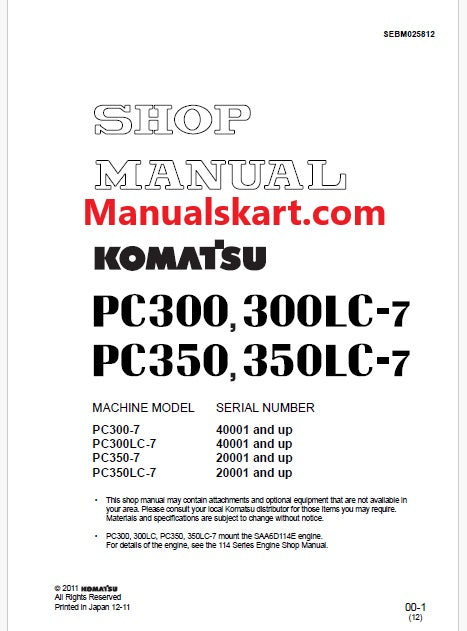 Komatsu PC350-7, PC350LC-7 Hydraulic Excavator Pdf Shop Repair Service Manual Sn 20001 and UP