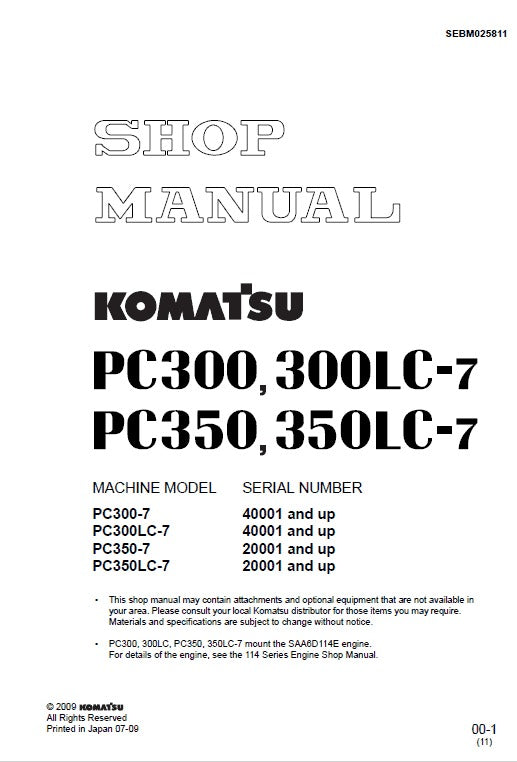 Komatsu PC300-7, PC300LC-7, PC350-7, PC350LC-7 Hydraulic Excavator Pdf Shop Repair Service Manual