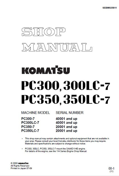 Komatsu PC300-7, PC300LC-7, PC350-7, PC350LC-7 Hydraulic Excavator Pdf Shop Repair Service Manual