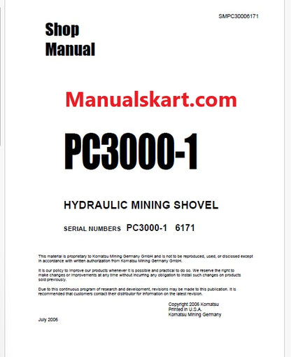 Komatsu PC3000-1 Hydraulic Mining Shovel Pdf Repair Service Manual Sn 6171