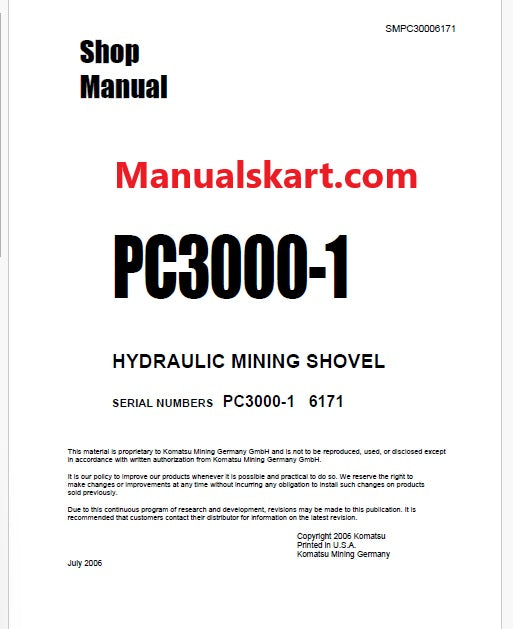 Komatsu PC3000-1 Hydraulic Mining Shovel Pdf Repair Service Manual Sn 6171