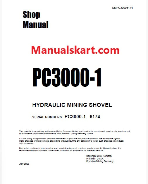 Komatsu PC3000-1 Hydraulic Mining Shovel Pdf Repair Service Manual Sn 6174