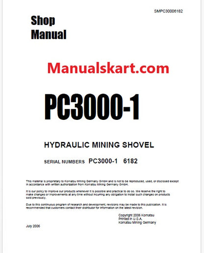 Komatsu PC3000-1 Hydraulic Mining Shovel Pdf Repair Service Manual Sn 6182