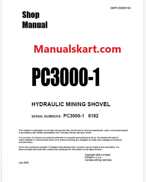 Komatsu PC3000-1 Hydraulic Mining Shovel Pdf Repair Service Manual Sn 6182