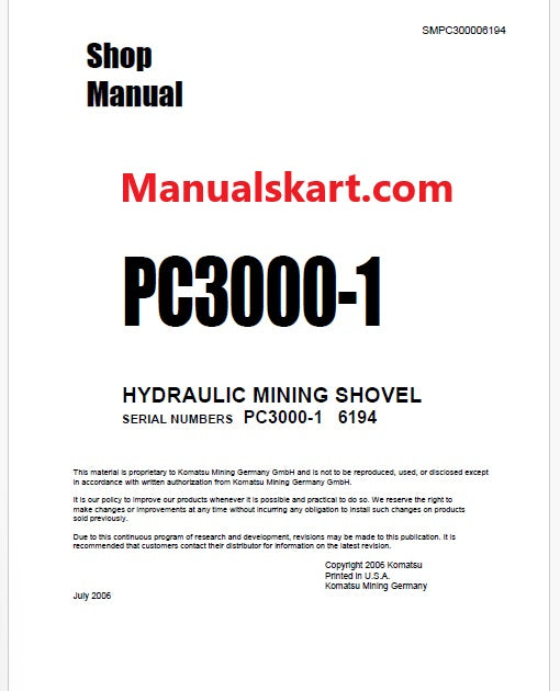 Komatsu PC3000-1 Hydraulic Mining Shovel Pdf Repair Service Manual Sn 6194