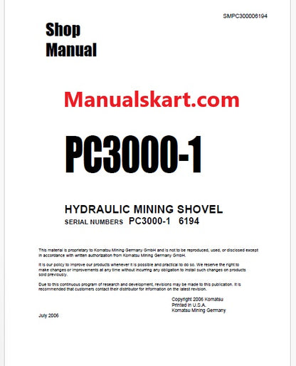 Komatsu PC3000-1 Hydraulic Mining Shovel Pdf Repair Service Manual Sn 6194
