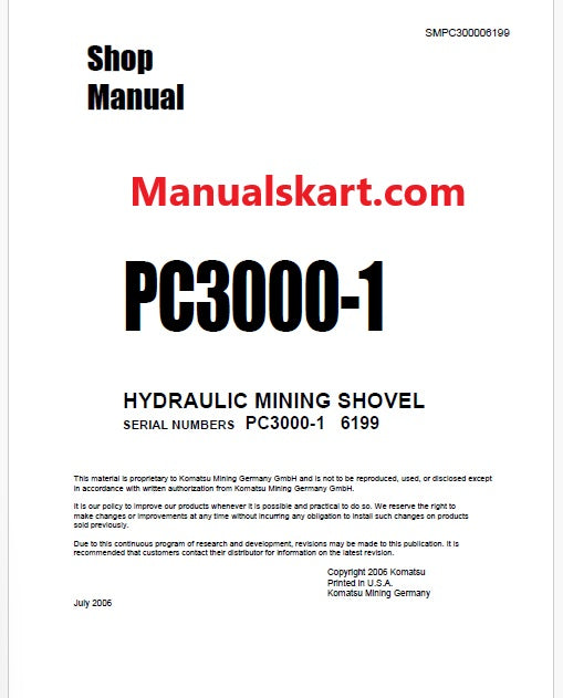 Komatsu PC3000-1 Hydraulic Mining Shovel Pdf Repair Service Manual Sn 6199