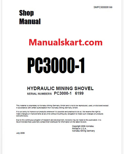 Komatsu PC3000-1 Hydraulic Mining Shovel Pdf Repair Service Manual Sn 6199