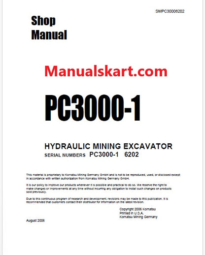 Komatsu PC3000-1 Hydraulic Mining Shovel Pdf Repair Service Manual Sn 6202