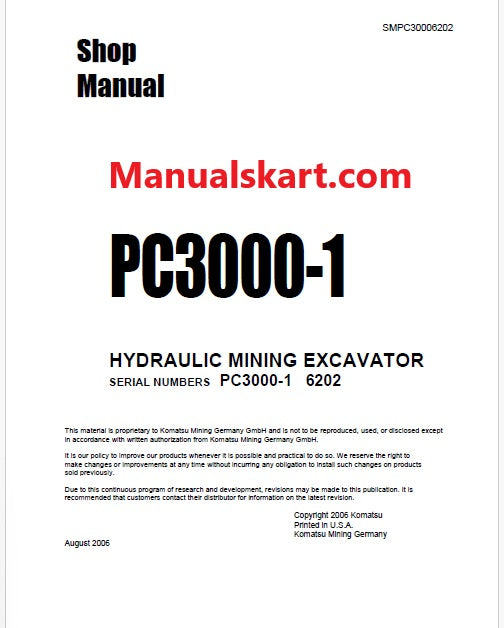 Komatsu PC3000-1 Hydraulic Mining Shovel Pdf Repair Service Manual Sn 6202