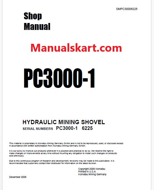 Komatsu PC3000-1 Hydraulic Mining Shovel Pdf Repair Service Manual Sn 6225