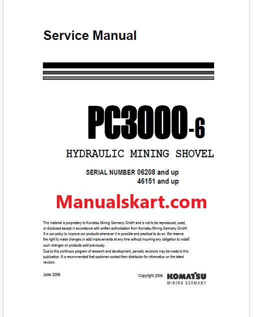 Komatsu PC3000-6 Hydraulic Mining Shovel Pdf Repair Service Manual Sn 46151 and UP