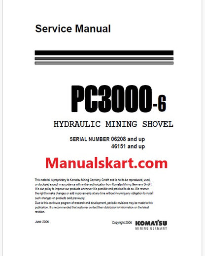 Komatsu PC3000-6 Hydraulic Mining Shovel Pdf Repair Service Manual Sn 06208 and UP