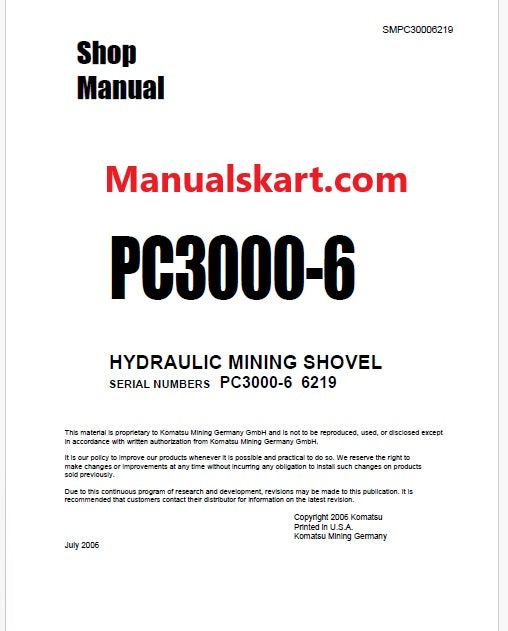 Komatsu PC3000-6 Hydraulic Mining Shovel Pdf Repair Service Manual Sn 6219