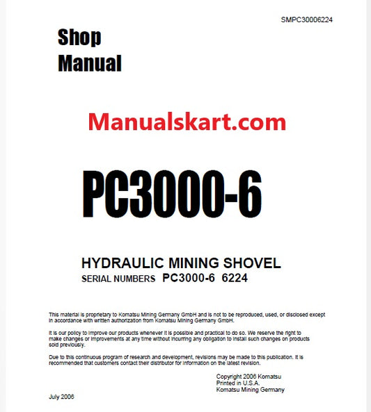 Komatsu PC3000-6 Hydraulic Mining Shovel Pdf Repair Service Manual Sn 6224