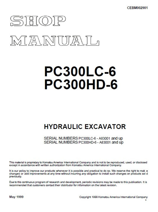 Komatsu PC300LC-6, PC300HD-6 Crawler Hydraulic Excavator Pdf Shop Repair Service Manual (Sn A80001 And Up)