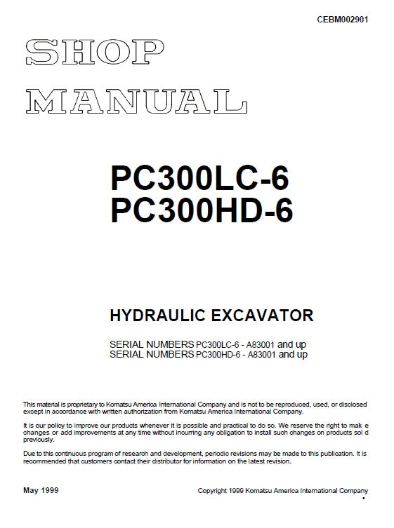 Komatsu PC300LC-6, PC300HD-6 Crawler Hydraulic Excavator Pdf Shop Repair Service Manual (Sn A83001 And Up)