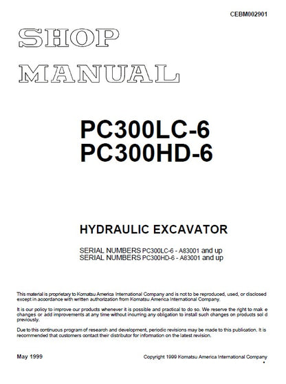 Komatsu PC300LC-6, PC300HD-6 Crawler Hydraulic Excavator Pdf Shop Repair Service Manual (Sn A83001 And Up)