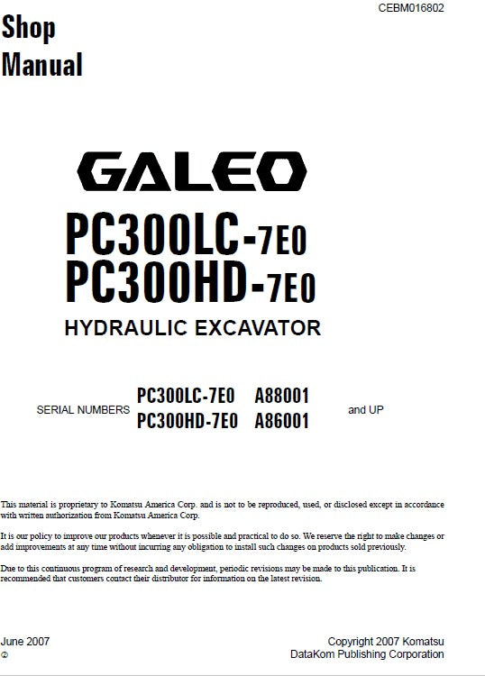 Komatsu PC300LC-7E0, PC300HD-7E0 Hydraulic Excavator Pdf Shop Repair Service Manual