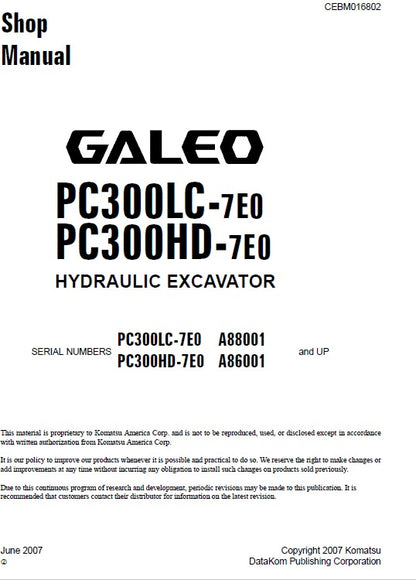 Komatsu PC300LC-7E0, PC300HD-7E0 Hydraulic Excavator Pdf Shop Repair Service Manual