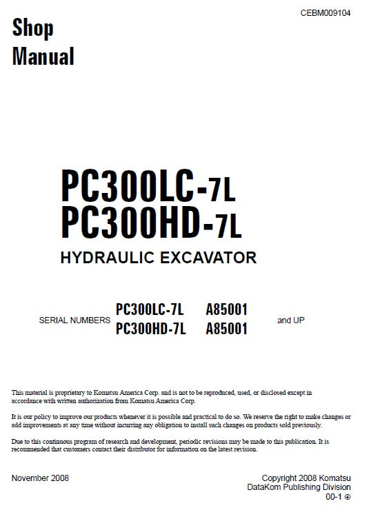 Komatsu PC300LC-7L, PC300HD-7L Crawler Hydraulic Excavator Pdf Shop Repair Service Manual (Sn A85001 And Up)