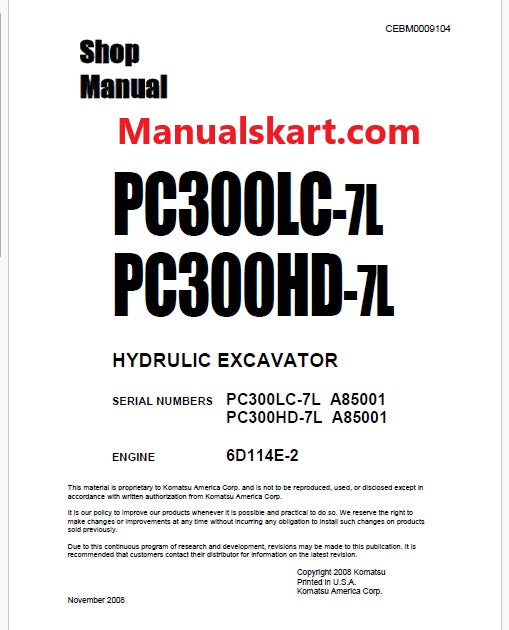 Komatsu PC300LC-7L, PC300HD-7L Hydraulic Excavator Pdf Shop Repair Service Manual Sn A85001 and UP