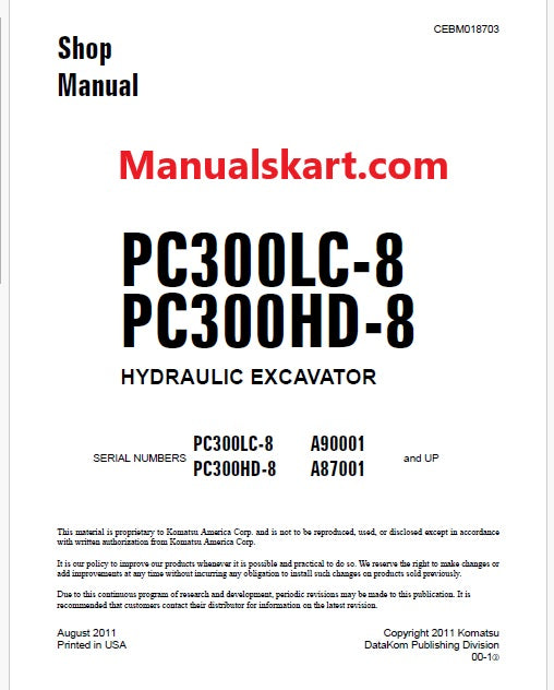 Komatsu PC300LC-8 Hydraulic Excavator Pdf Shop Repair Service Manual Sn A90001 and UP