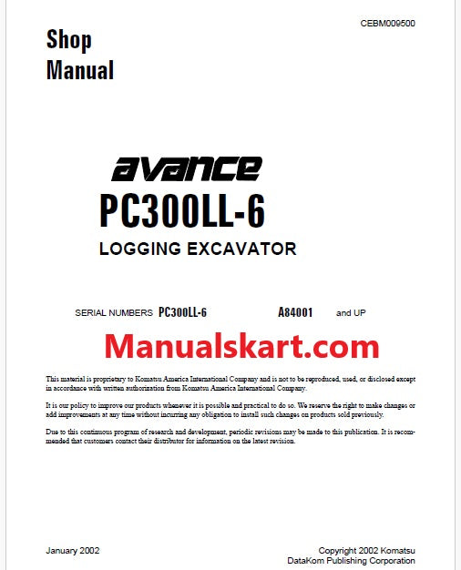 Komatsu PC300LL-6 avance Logging Excavator Pdf Shop Repair Service Manual Sn A84001 and UP