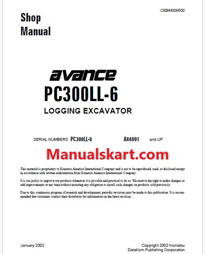 Komatsu PC300LL-6 avance Logging Excavator Pdf Shop Repair Service Manual Sn A84001 and UP