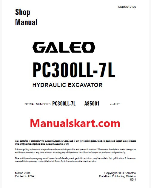 Komatsu PC300LL-7L GALEO Hydraulic Excavator Pdf Shop Repair Service Manual Sn A85001 and UP