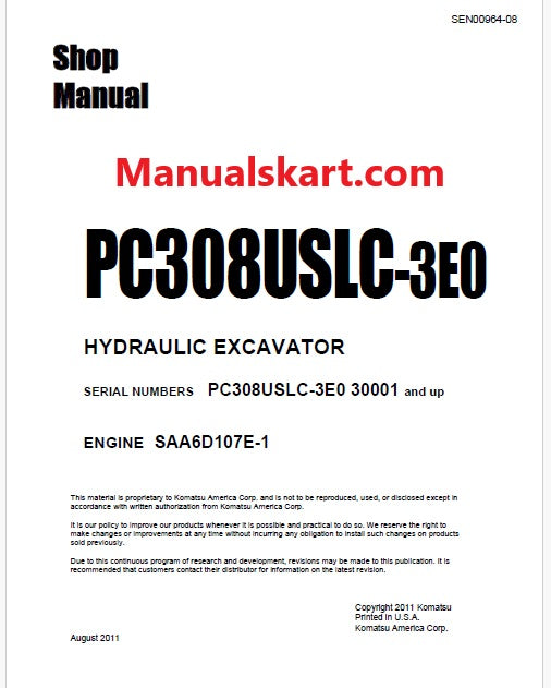 Komatsu PC308USLC-3E0 Hydraulic Excavator Pdf Shop Repair Service Manual Sn 30001 and UP