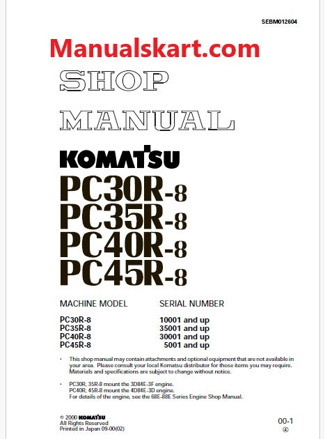 Komatsu PC40R-8 Hydraulic Excavator Pdf Repair Service Manual Sn 30001 and UP