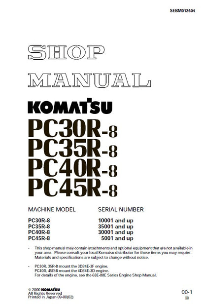 Komatsu PC30R-8, PC35R-8, PC40R-8, PC45R-8 Crawler Hydraulic Excavator Pdf Shop Repair Service Manual