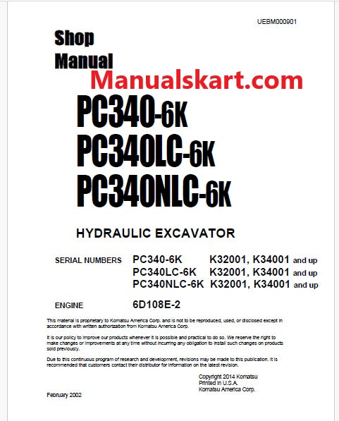 Komatsu PC340-6K, PC340LC-6K, PC340NLC-6K Hydraulic Excavator Pdf Shop Repair Service Manual Sn K32001 and UP