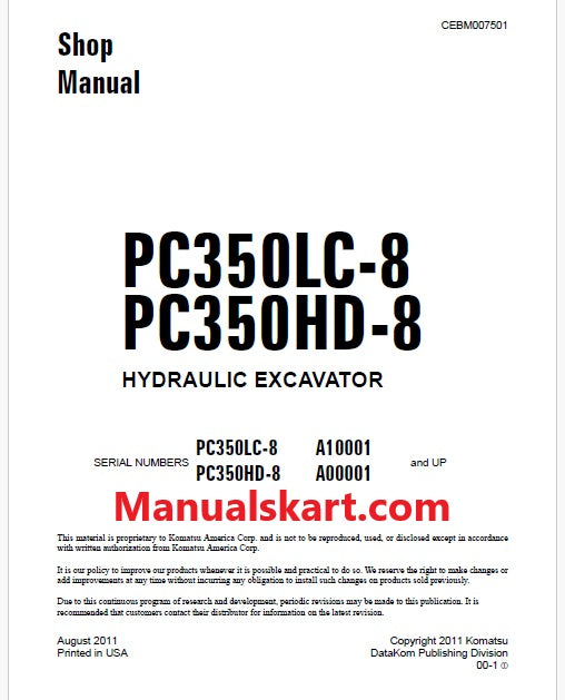 Komatsu PC350LC-8 Hydraulic Excavator Pdf Shop Repair Service Manual Sn A10001 and UP