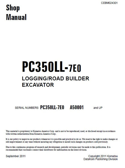 Komatsu PC350LL-7E0 Crawler Logging Road Builder Excavator Pdf Shop Repair Service Manual (Sn A50001 And UP)