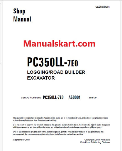 Komatsu PC350LL-7E0 Logging/Road Builder Excavator Pdf Shop Repair Service Manual Sn A50001 and UP