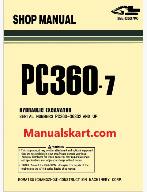 Komatsu PC360-7 Hydraulic Excavator Pdf Shop Repair Service Manual Sn 36332 and UP