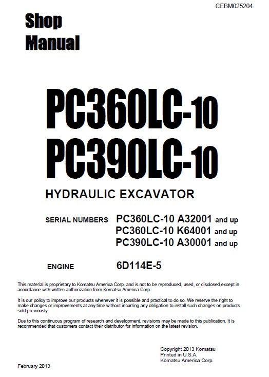 Komatsu PC360LC-10, PC390LC-10 Crawler Hydraulic Excavator Pdf Shop Repair Service Manual