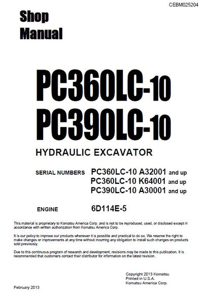 Komatsu PC360LC-10, PC390LC-10 Crawler Hydraulic Excavator Pdf Shop Repair Service Manual