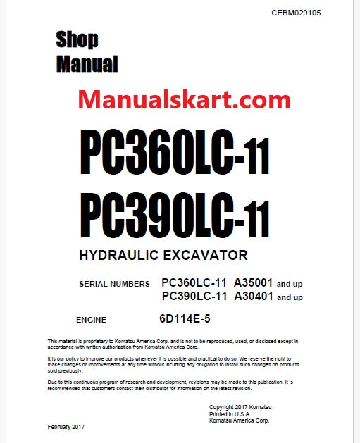 Komatsu PC360LC-11 Hydraulic Excavator Pdf Shop Repair Service Manual Sn A35001 and UP