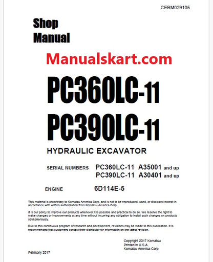 Komatsu PC360LC-11 Hydraulic Excavator Pdf Shop Repair Service Manual Sn A35001 and UP