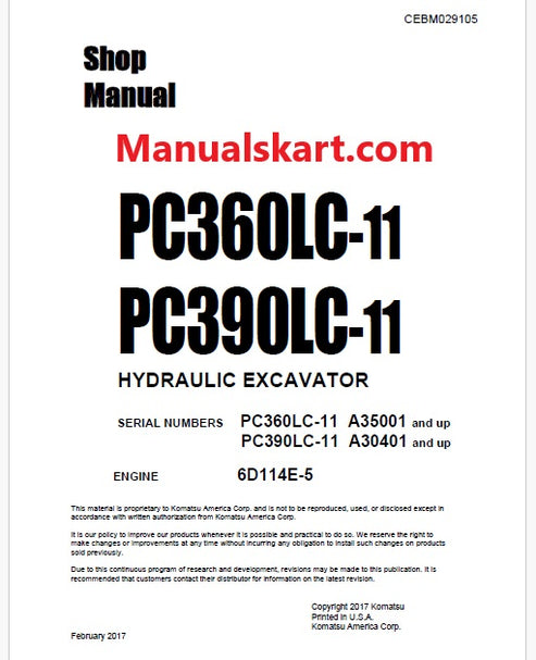 Komatsu PC360LC‑11 Hydraulic Excavator PDF Shop Repair Service Manual S/N A35001 And Up