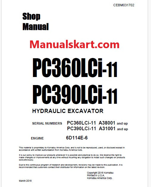 Komatsu PC360LCi-11 Hydraulic Excavator Pdf Shop Repair Service Manual Sn A38001 and UP