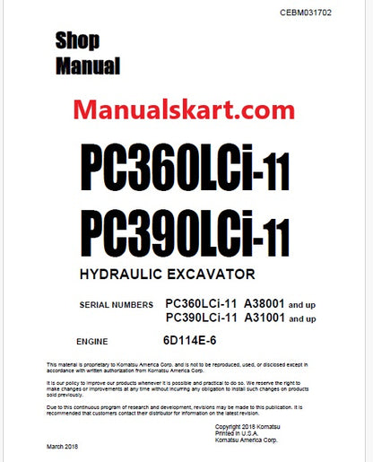 Komatsu PC360LCi-11 Hydraulic Excavator Pdf Shop Repair Service Manual Sn A38001 and UP