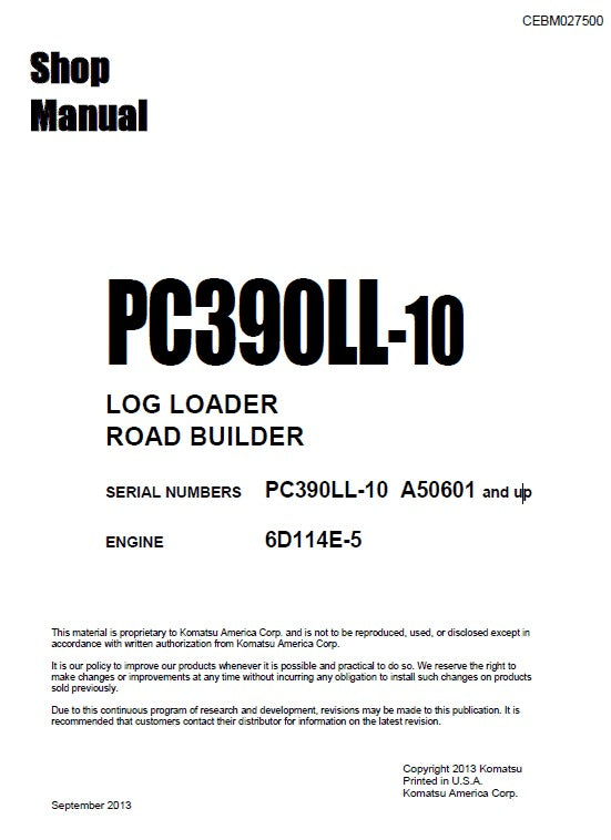 Komatsu PC390LL-10 Log Loader Road Builder Pdf Shop Repair Service Manual (Sn A50601 And UP)