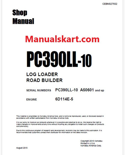 Komatsu PC390LL-10 Log Loader Road Builder Pdf Shop Repair Service Manual Sn A50601 and UP